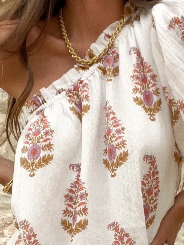 Vestido Mini Estampado de Um Só Ombro de Mulher com Design de Mangas Bufantes