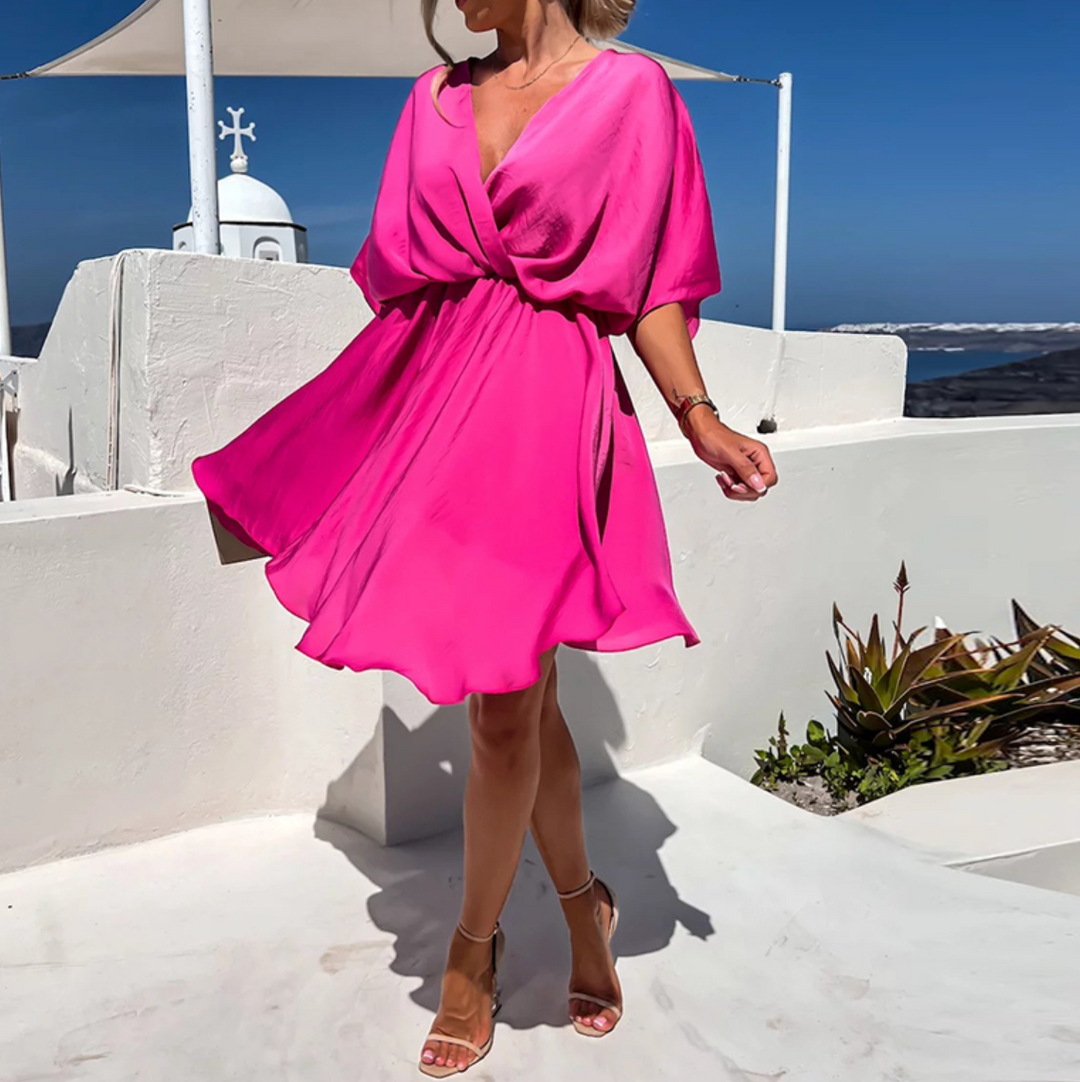 Vestido mini drapeado com decote em V e mangas curtas soltas para mulher