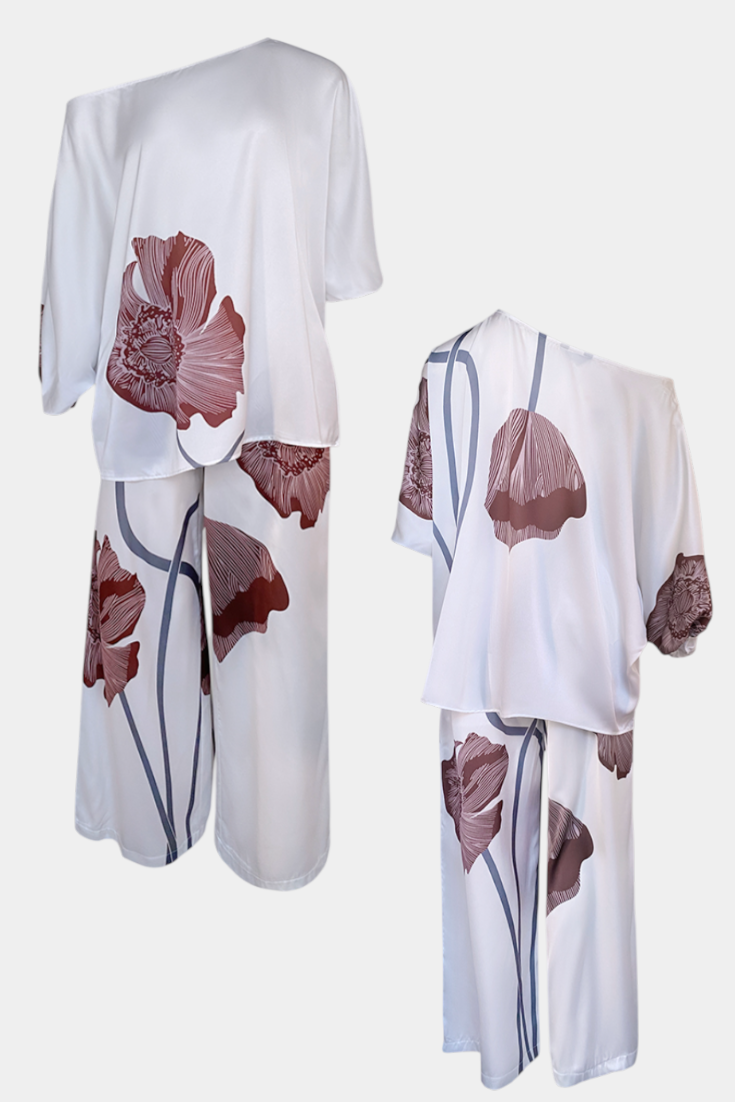 Sybella Conjunto Floral de Duas Peças com Ombro à Mostra e Calça Reta
