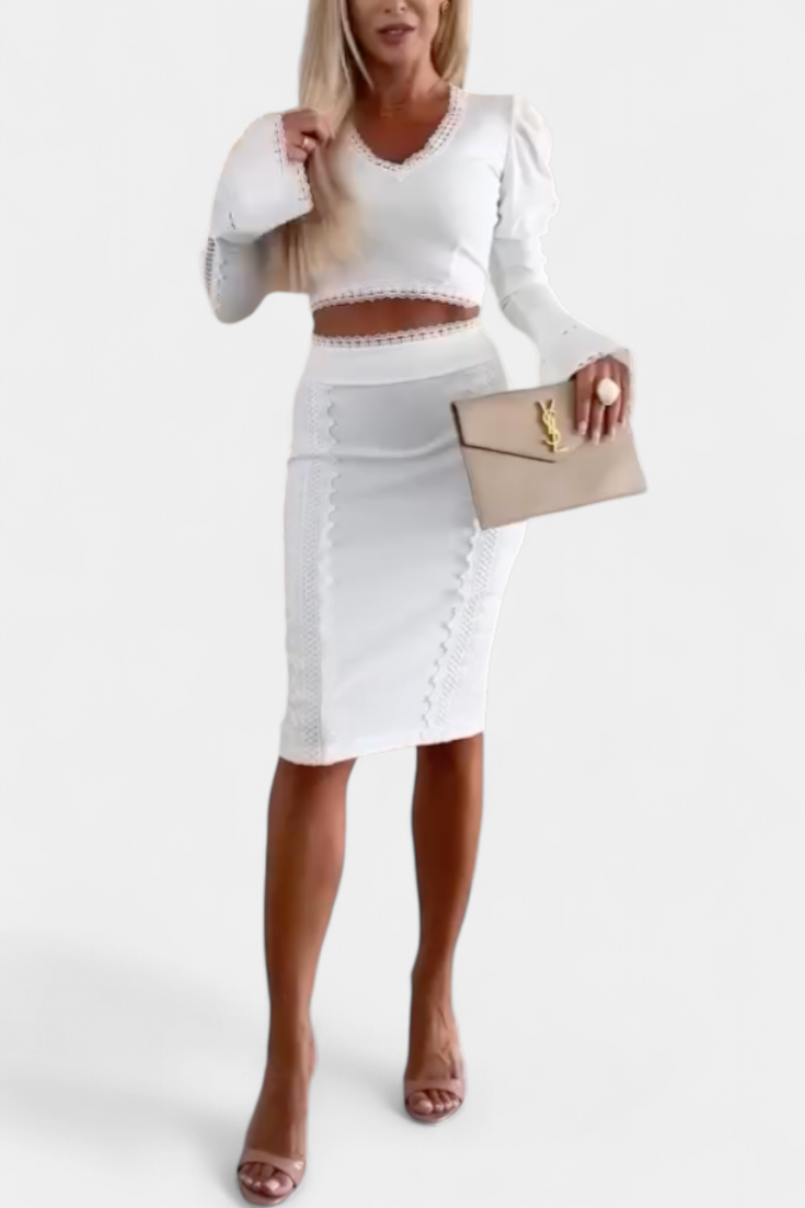 Minerva Conjunto Elegante de Top com Renda e Saia de Cintura Alta