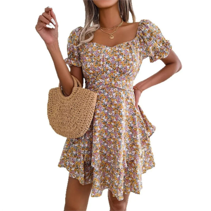 Vestido Mini Floral de Manga Curta de Mulher com Cintura com Atacadores e Corte Fluido