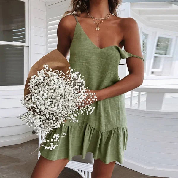 Vestido mini com folhos e alças finas para mulher com decote em V