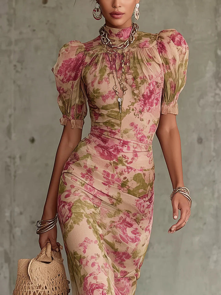 Fiora ∙ Vestido Longo com Estampado Vintage de Rosas e Mangas Bufantes