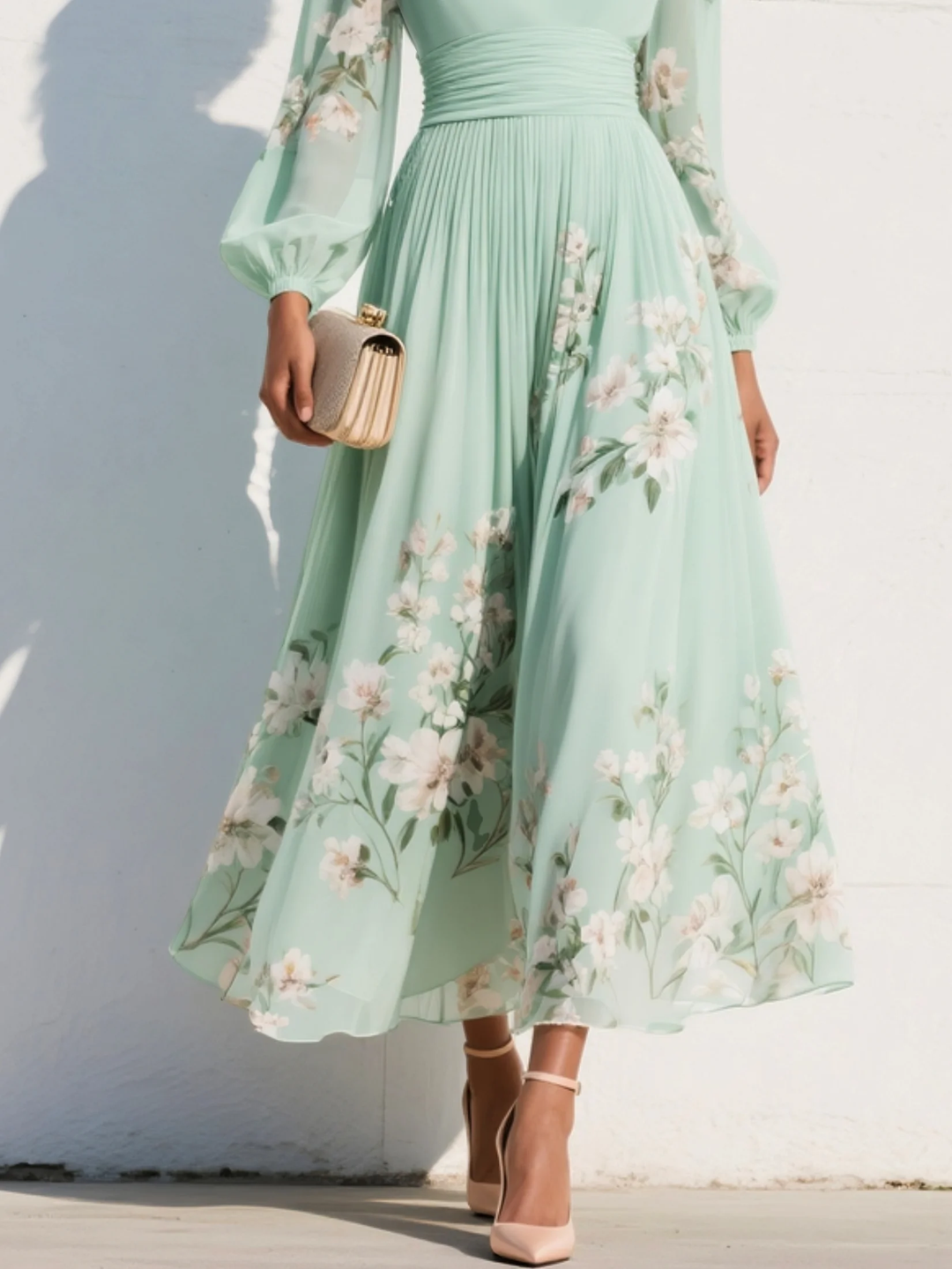 Vestido midi floral plissado em gaze com decote em V verde claro
