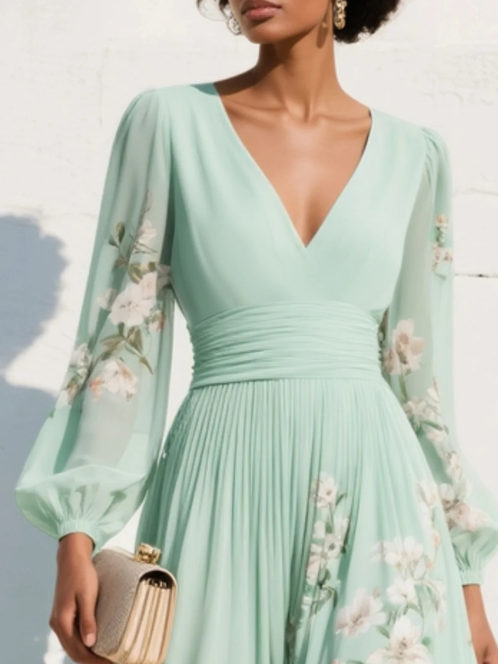 Vestido midi floral plissado em gaze com decote em V verde claro