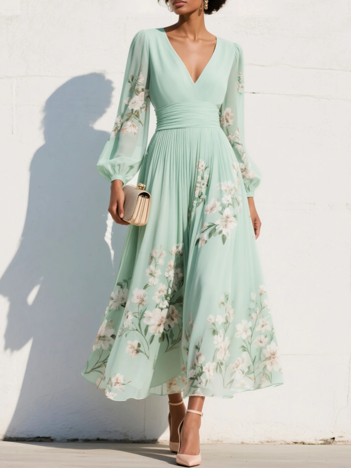 Vestido midi floral plissado em gaze com decote em V verde claro
