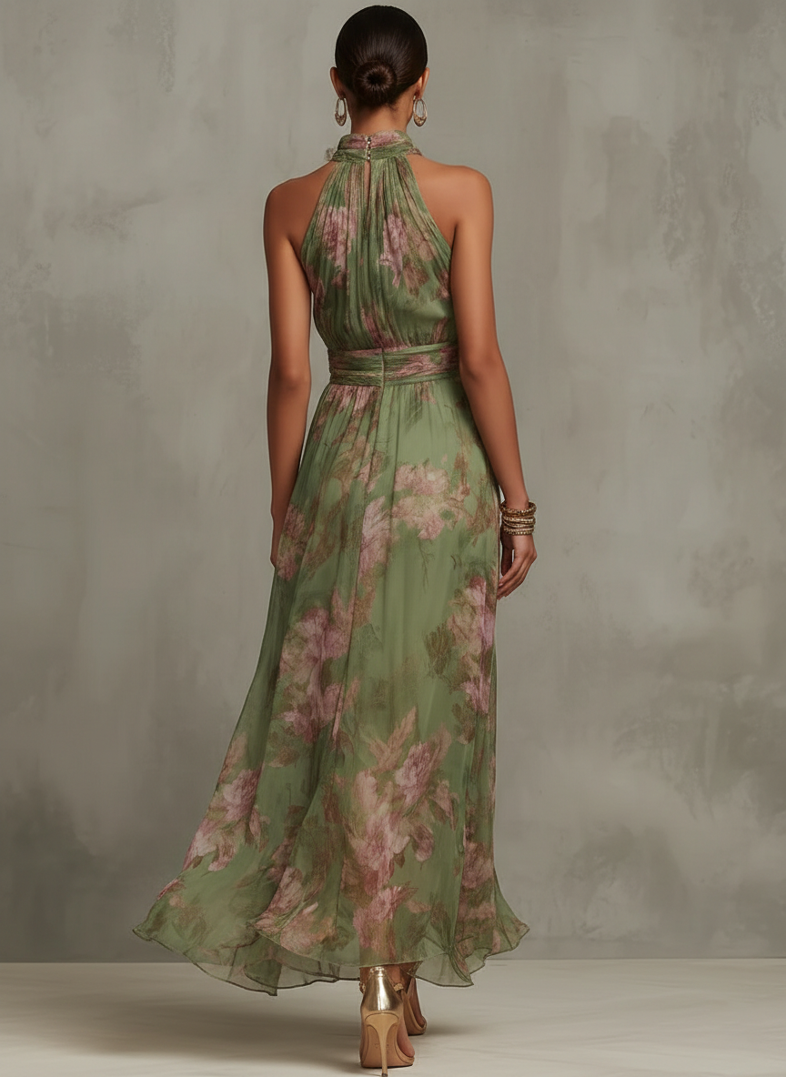 Serena ∙ Vestido comprido verde floral em chiffon com decote halter