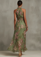 Serena ∙ Vestido comprido verde floral em chiffon com decote halter