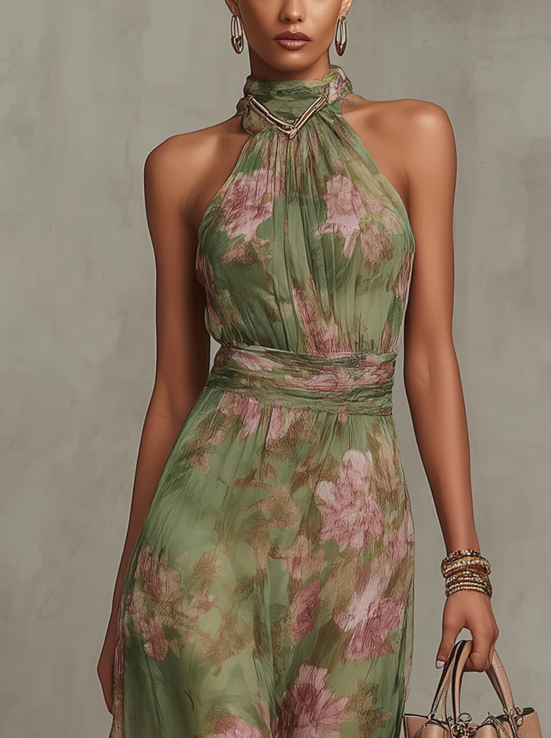Serena ∙ Vestido comprido verde floral em chiffon com decote halter