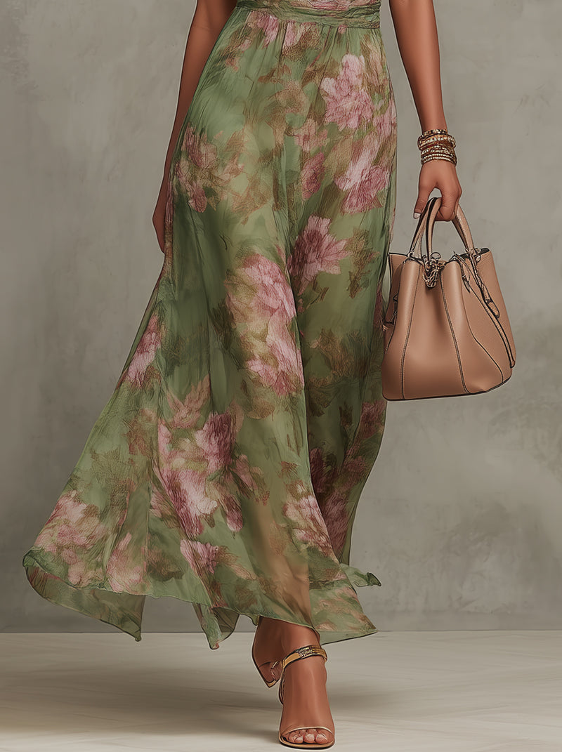 Serena ∙ Vestido comprido verde floral em chiffon com decote halter