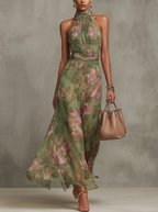 Serena ∙ Vestido comprido verde floral em chiffon com decote halter