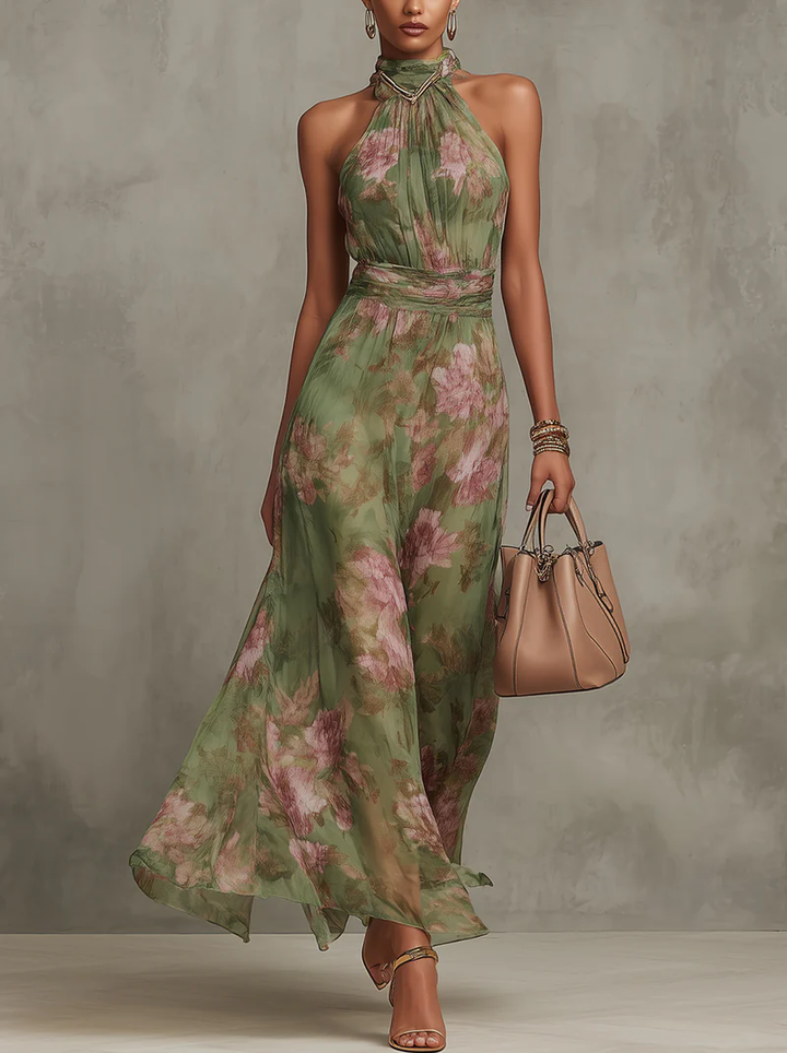 Serena ∙ Vestido comprido verde floral em chiffon com decote halter