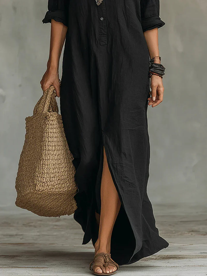 Selena™ | Vestido Maxi Preto Solto com Botões