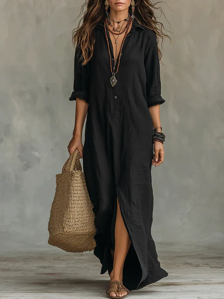Selena™ | Vestido Maxi Preto Solto com Botões