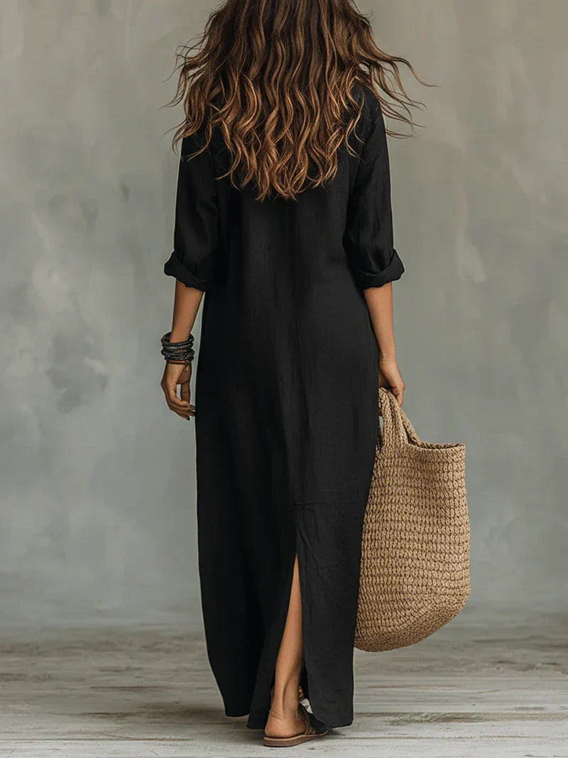 Selena™ | Vestido Maxi Preto Solto com Botões