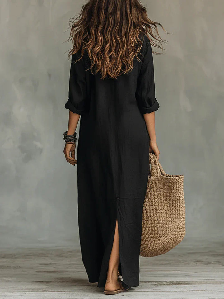 Selena™ | Vestido Maxi Preto Solto com Botões