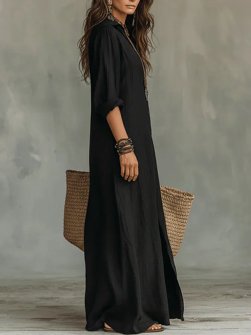 Selena™ | Vestido Maxi Preto Solto com Botões