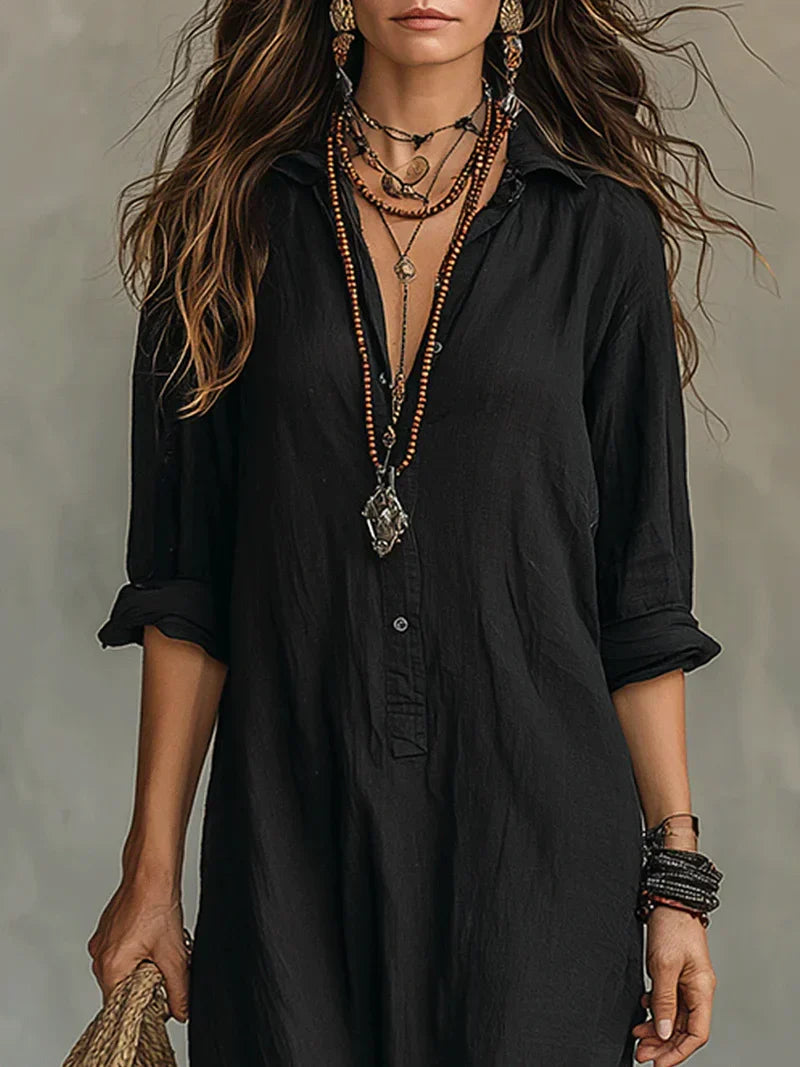 Selena™ | Vestido Maxi Preto Solto com Botões
