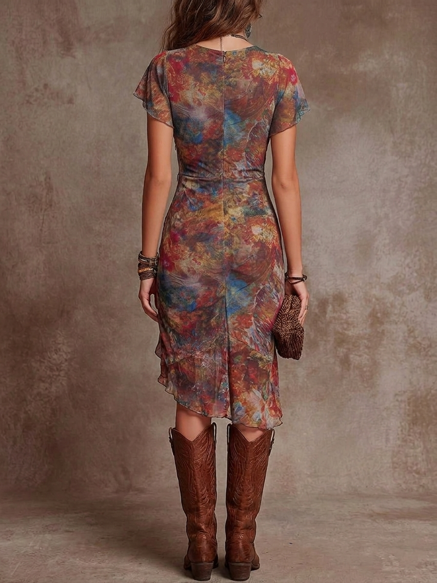 Martina · Vestido midi plissado com decote em V, estampado artístico abstrato de estilo boémio
