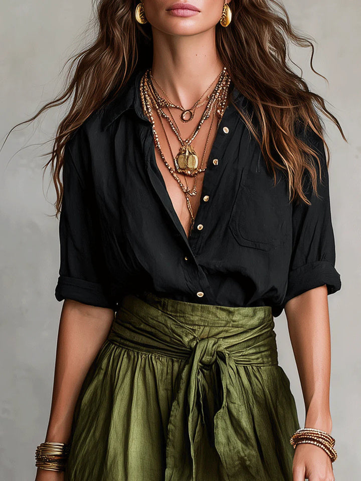 Vera™ | Conjunto de Duas Peças: T-shirt Preta e Saia Midi Verde-Oliva