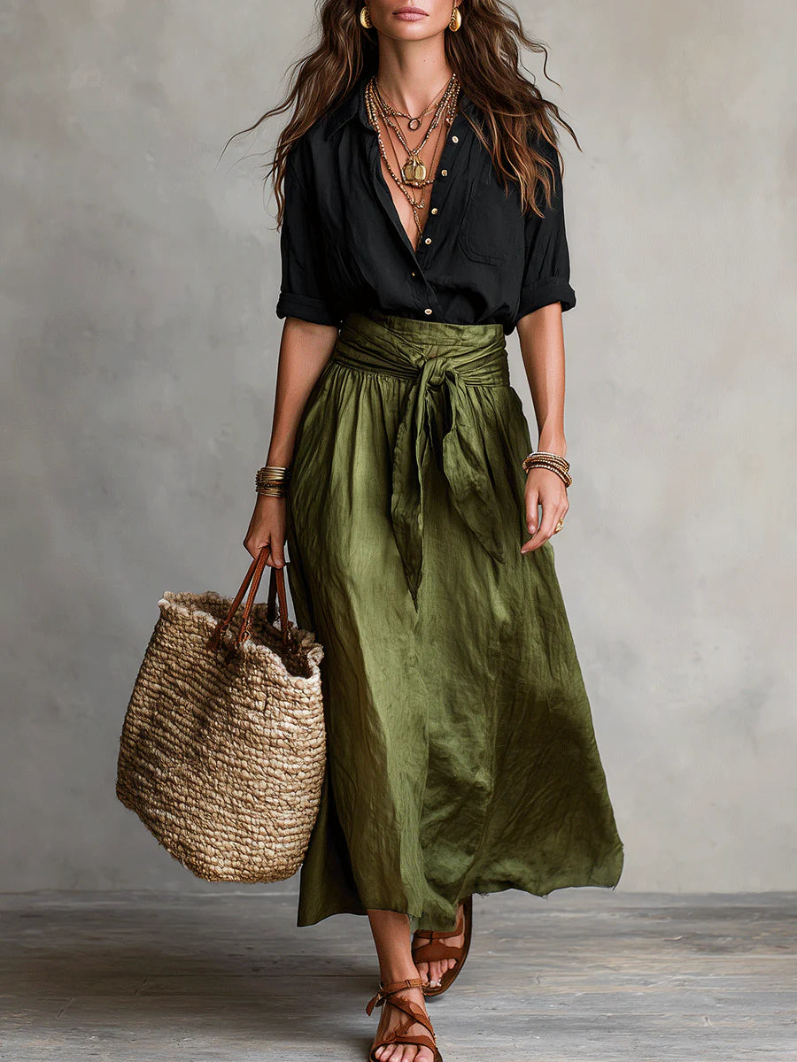 Vera™ | Conjunto de Duas Peças: T-shirt Preta e Saia Midi Verde-Oliva