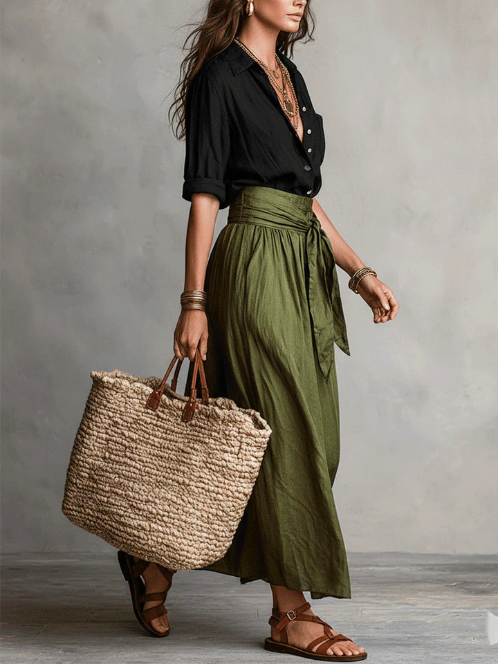 Vera™ | Conjunto de Duas Peças: T-shirt Preta e Saia Midi Verde-Oliva
