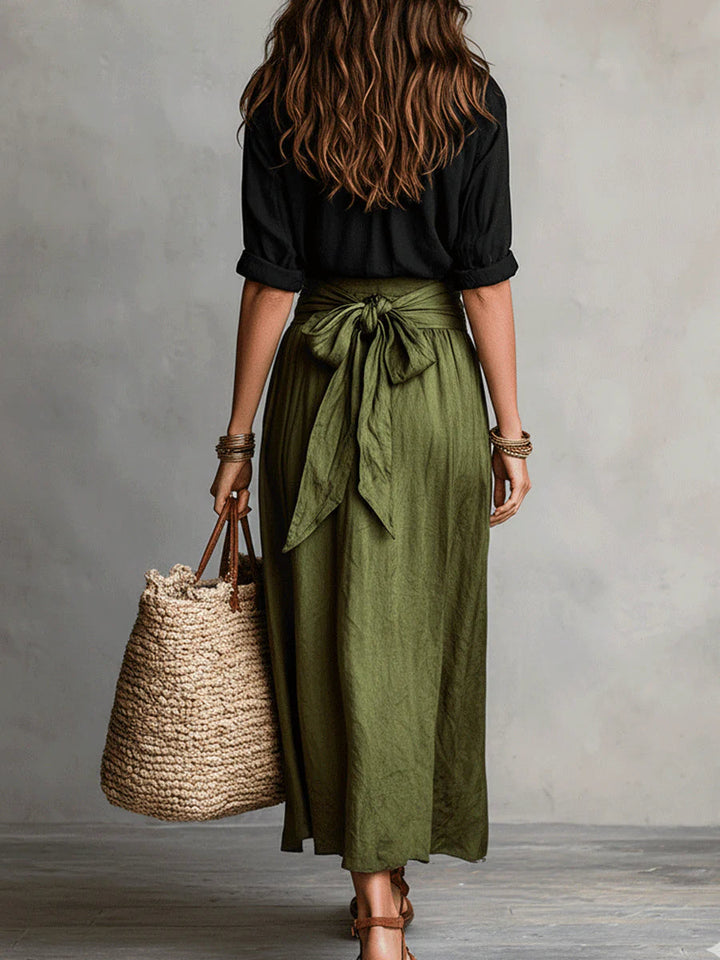 Vera™ | Conjunto de Duas Peças: T-shirt Preta e Saia Midi Verde-Oliva