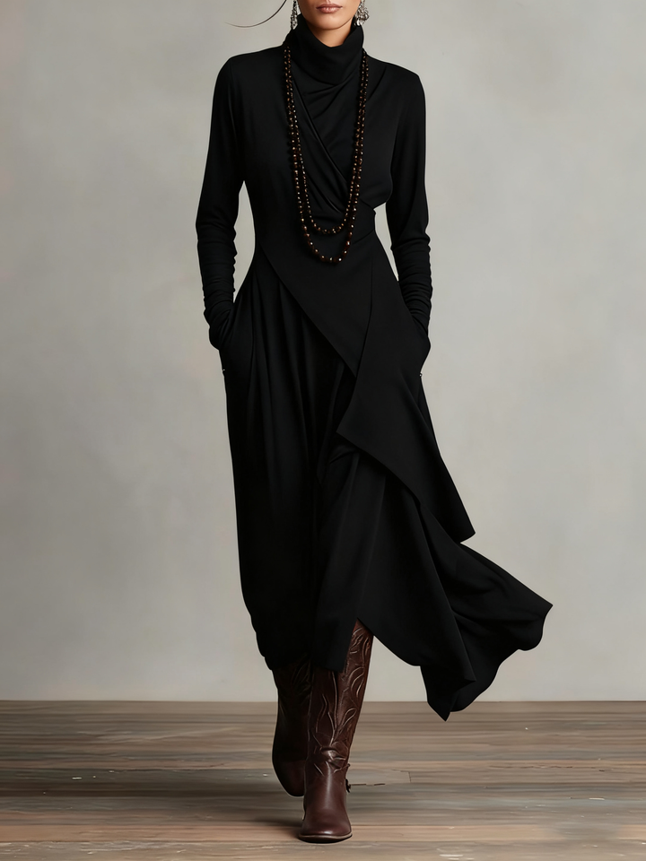 Georgia™ | Vestido Maxi Plissado Assimétrico Roxo com Gola Alta (colar não incluído)