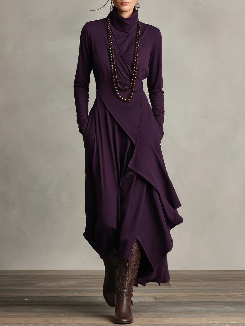 Georgia™ | Vestido Maxi Plissado Assimétrico Roxo com Gola Alta (colar não incluído)
