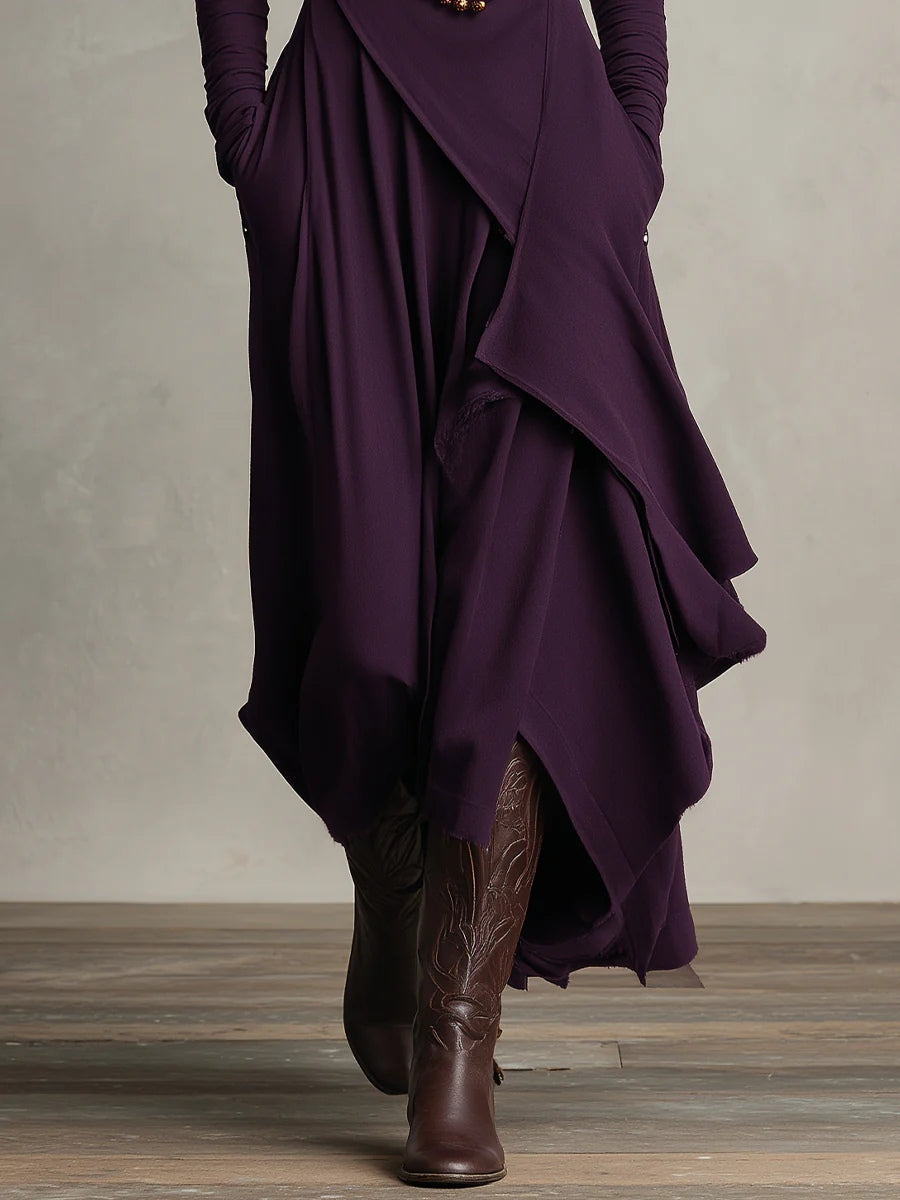Georgia™ | Vestido Maxi Plissado Assimétrico Roxo com Gola Alta (colar não incluído)