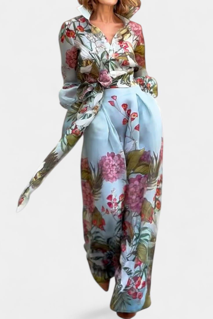 Sanne Conjunto Elegante Estampado de Camisa e Calças Fluidas