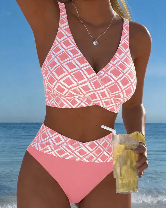 Bikini de Cintura Alta com Estampado Geométrico