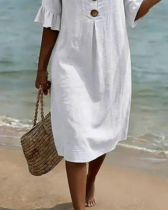 Vanesa | Vestido com Textura de Linho com Manga Bufante e Botões