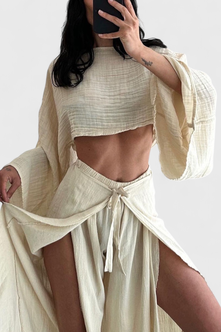 Elsie - Conjunto Fluido com Kimono e Calças Cruzadas