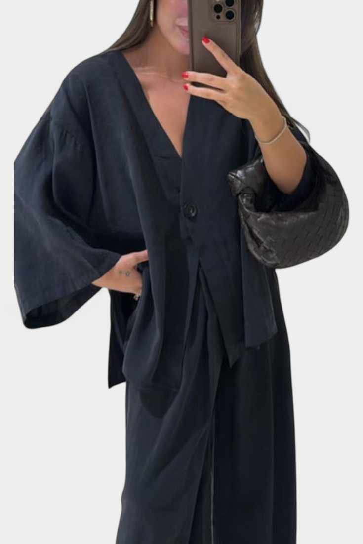 Eli - Conjunto Oversize de Top com Decote em V e Calças Retas