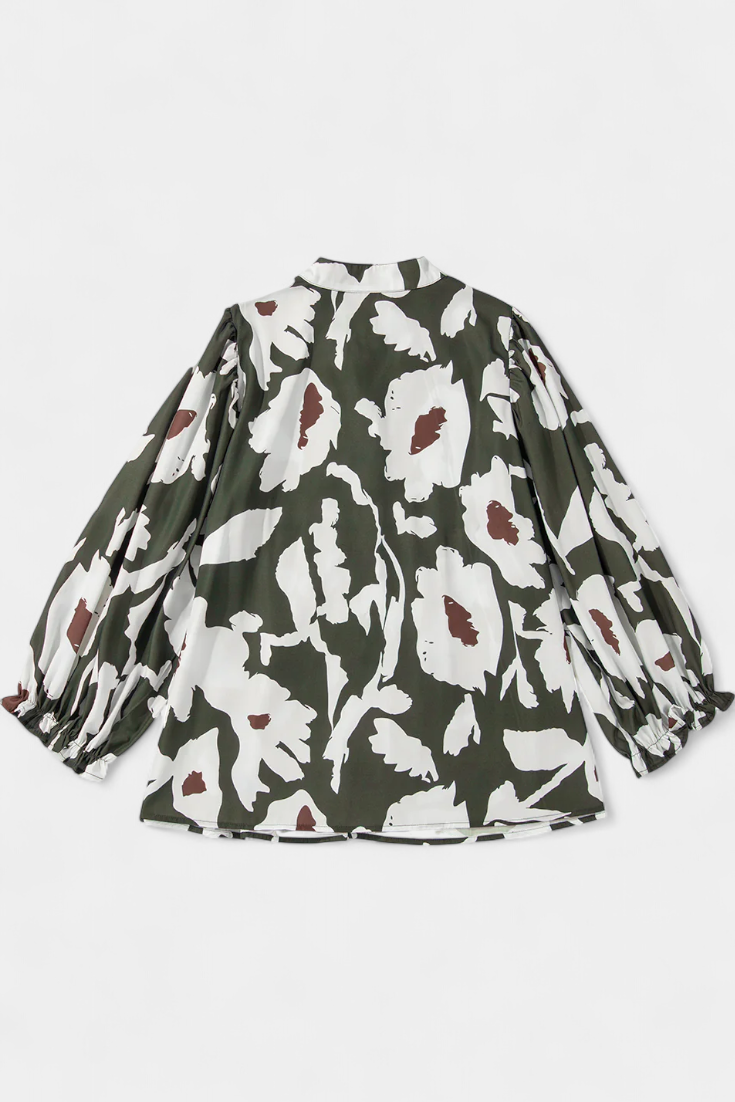 Filomena - Blusa com Botoadura Parcial e Manga Bufante com Estampado Floral Abstrato