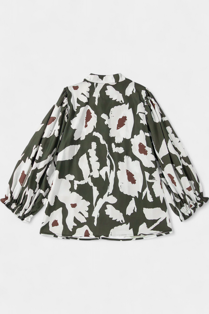 Filomena - Blusa com Botoadura Parcial e Manga Bufante com Estampado Floral Abstrato