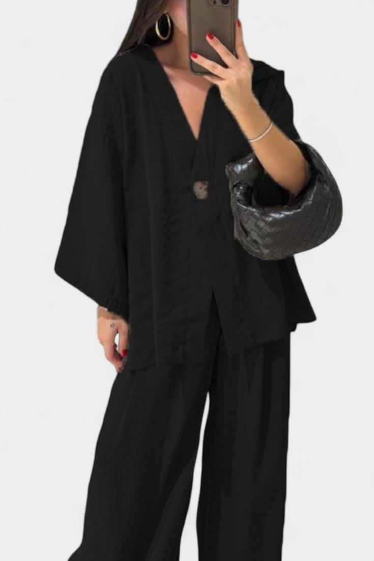 Eli - Conjunto Oversize de Top com Decote em V e Calças Retas