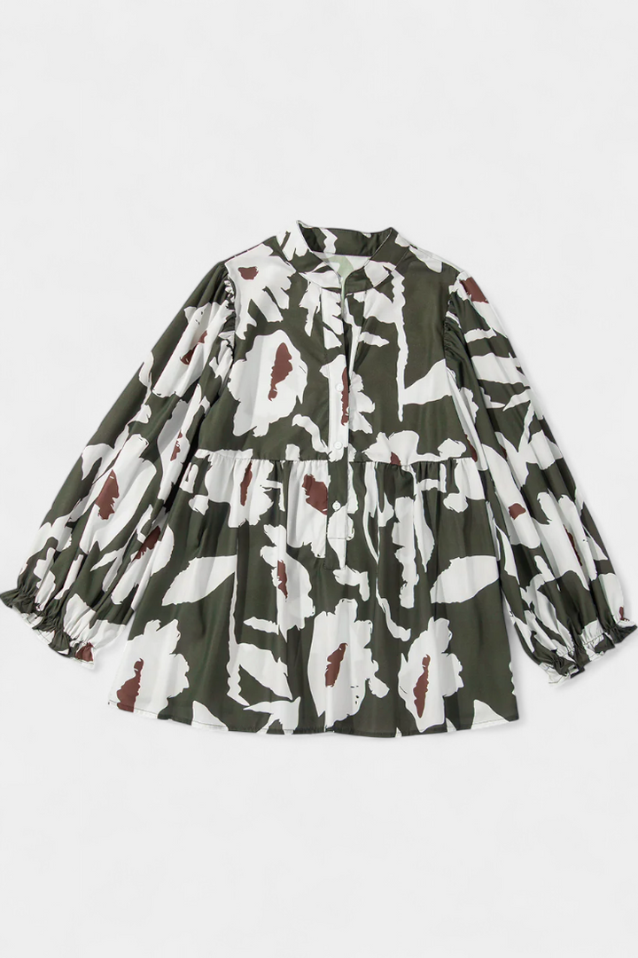 Filomena - Blusa com Botoadura Parcial e Manga Bufante com Estampado Floral Abstrato