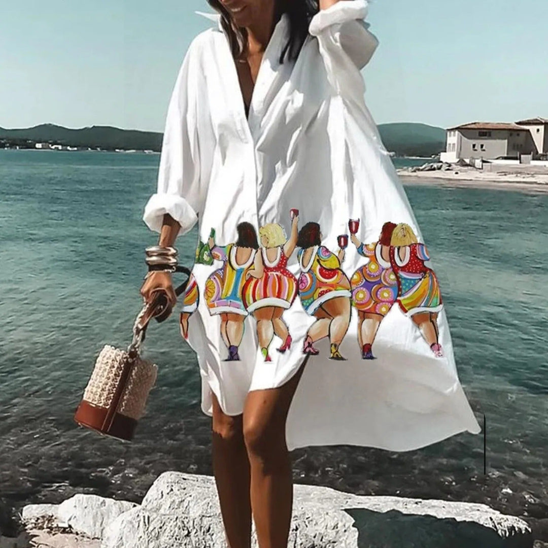 Vestido Camiseiro Extragrande de Mulher com Estampado Artístico e Botões à Frente