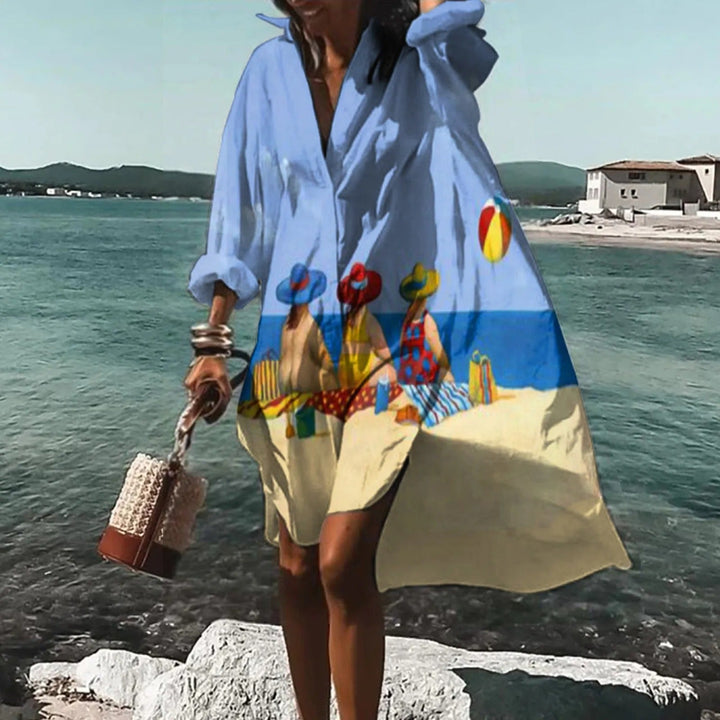 Vestido Camiseiro Extragrande de Mulher com Estampado Artístico e Botões à Frente