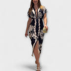 Cleo - Vestidos Midi Únicos com Mangas Dolman e Estampado Brasileiro