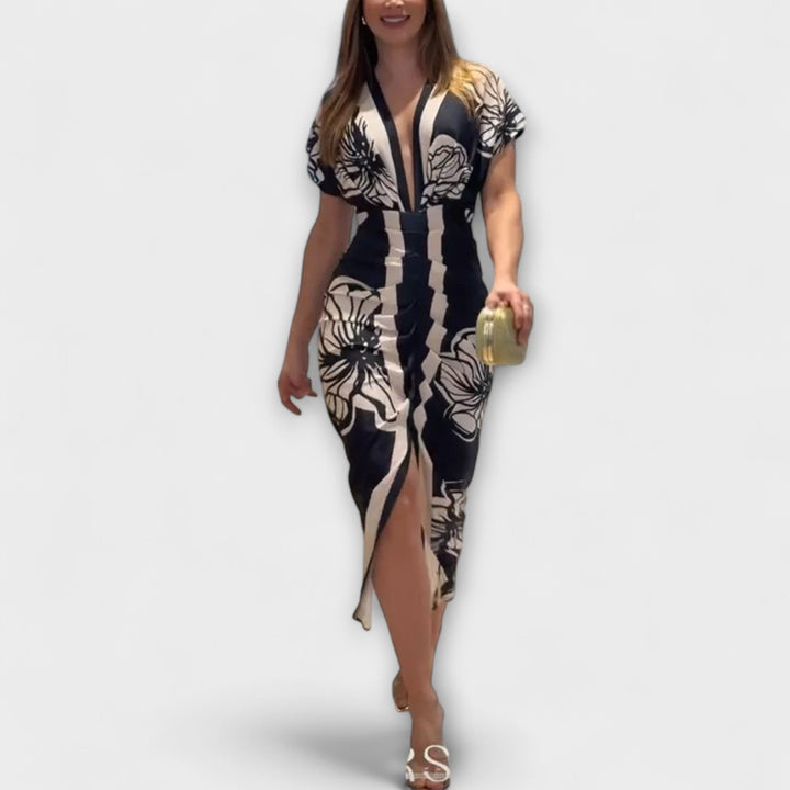 Cleo - Vestidos Midi Únicos com Mangas Dolman e Estampado Brasileiro