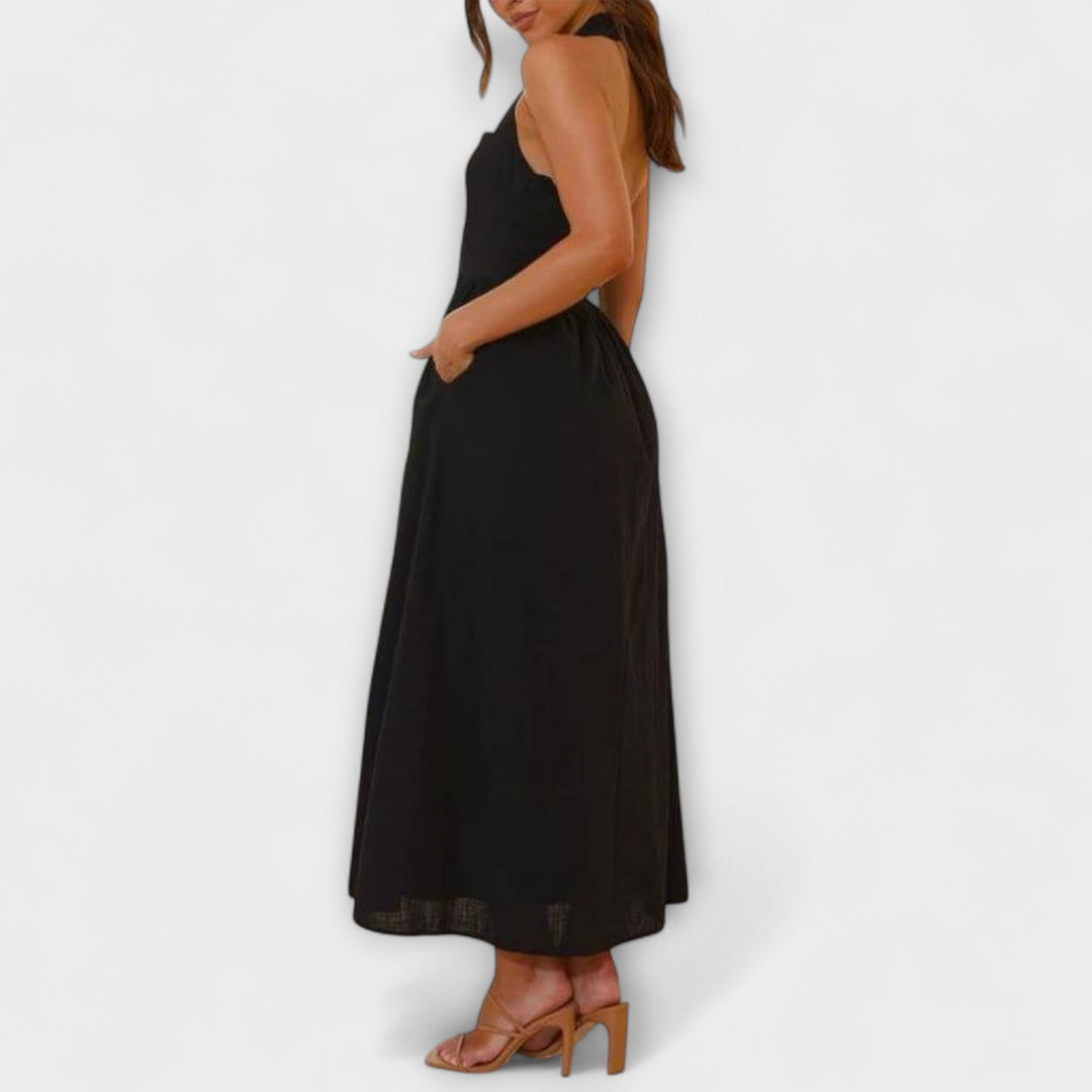 Lydia - Vestido Halter Preto Comprimento Midi com Detalhe na Cintura