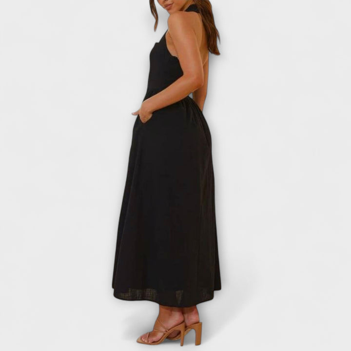 Lydia - Vestido Halter Preto Comprimento Midi com Detalhe na Cintura