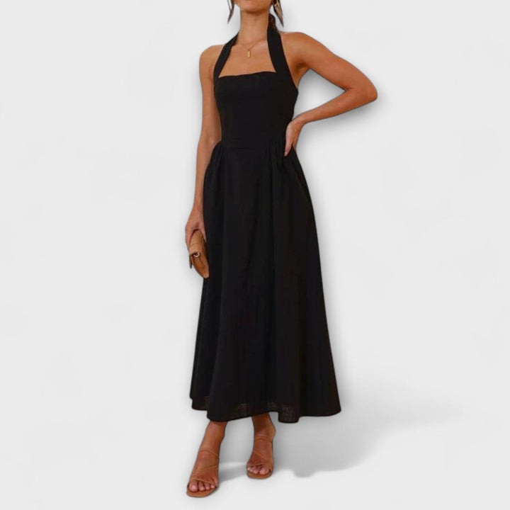 Lydia - Vestido Halter Preto Comprimento Midi com Detalhe na Cintura