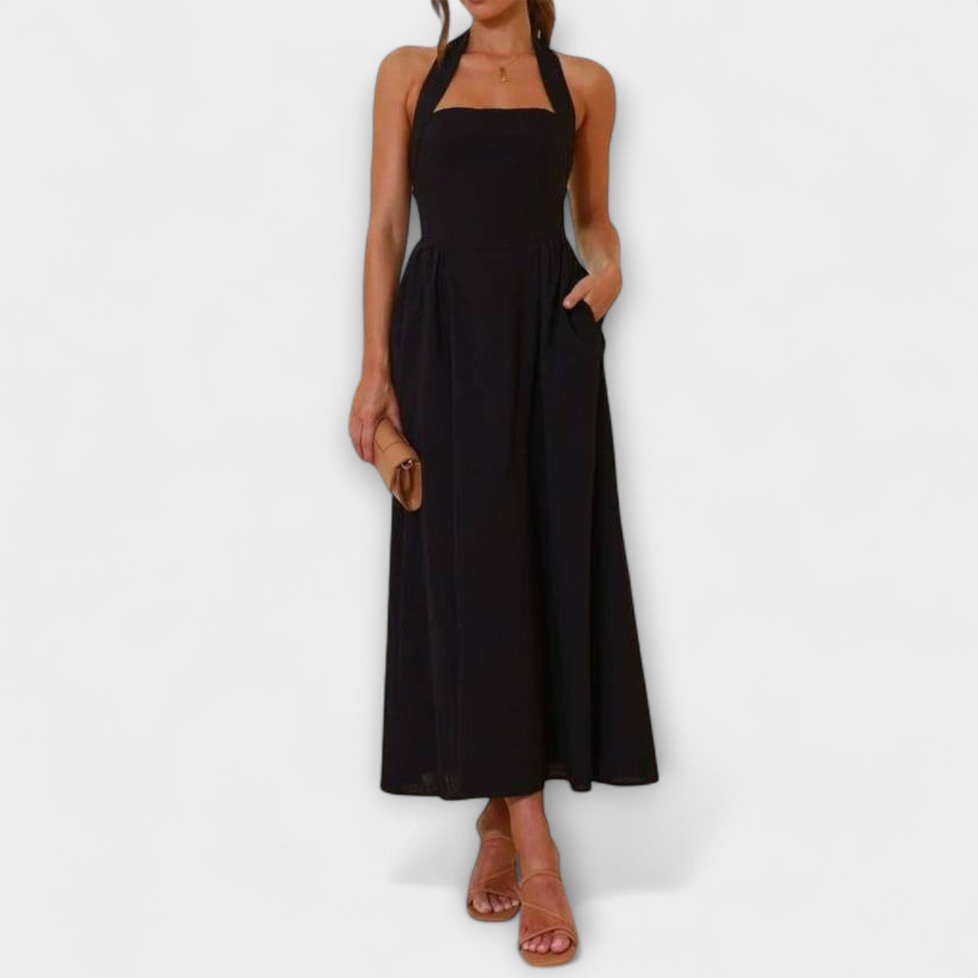 Lydia - Vestido Halter Preto Comprimento Midi com Detalhe na Cintura