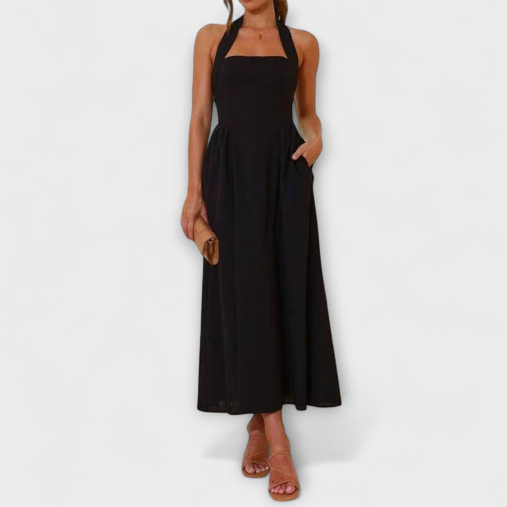 Lydia - Vestido Halter Preto Comprimento Midi com Detalhe na Cintura