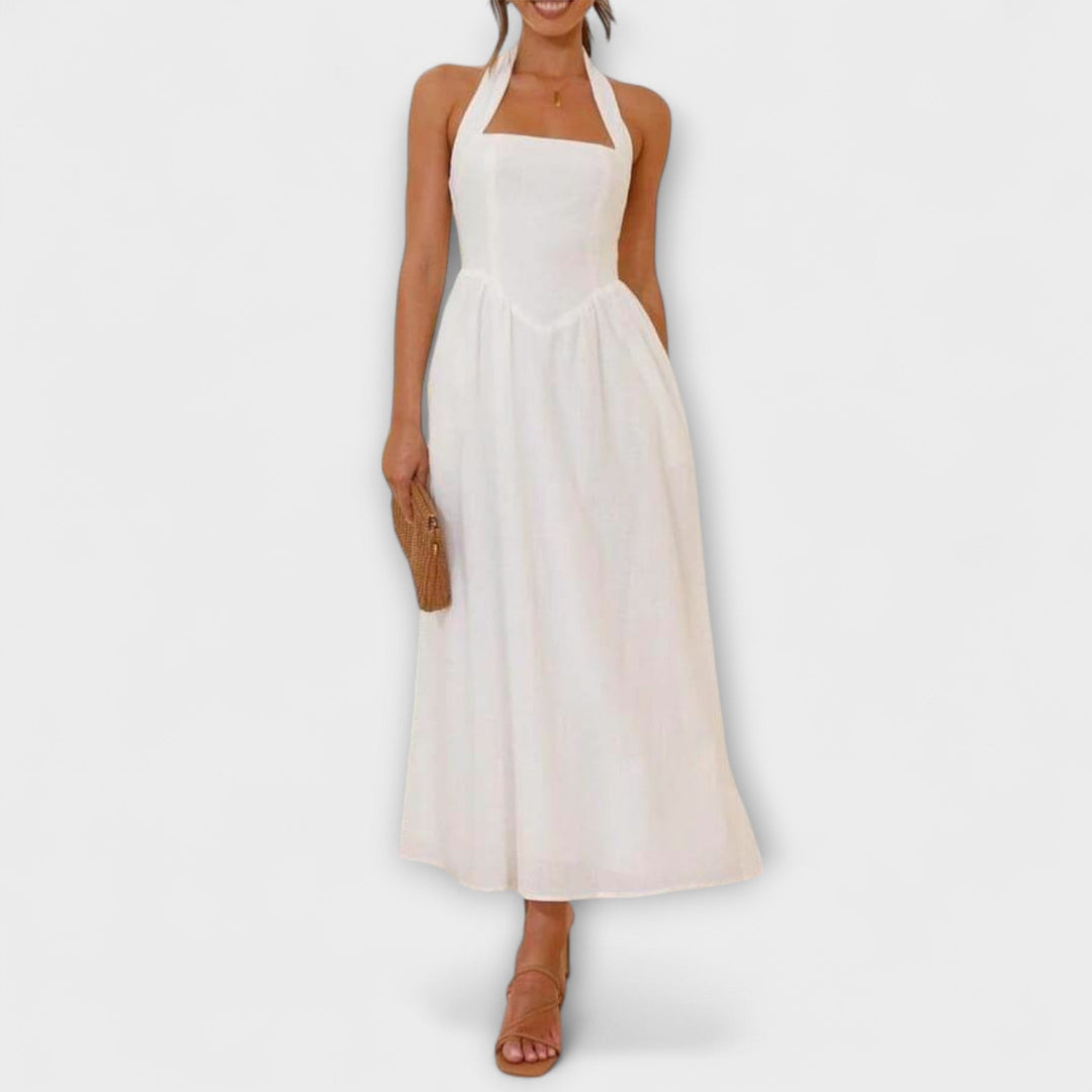 Lydia - Vestido Halter Preto Comprimento Midi com Detalhe na Cintura