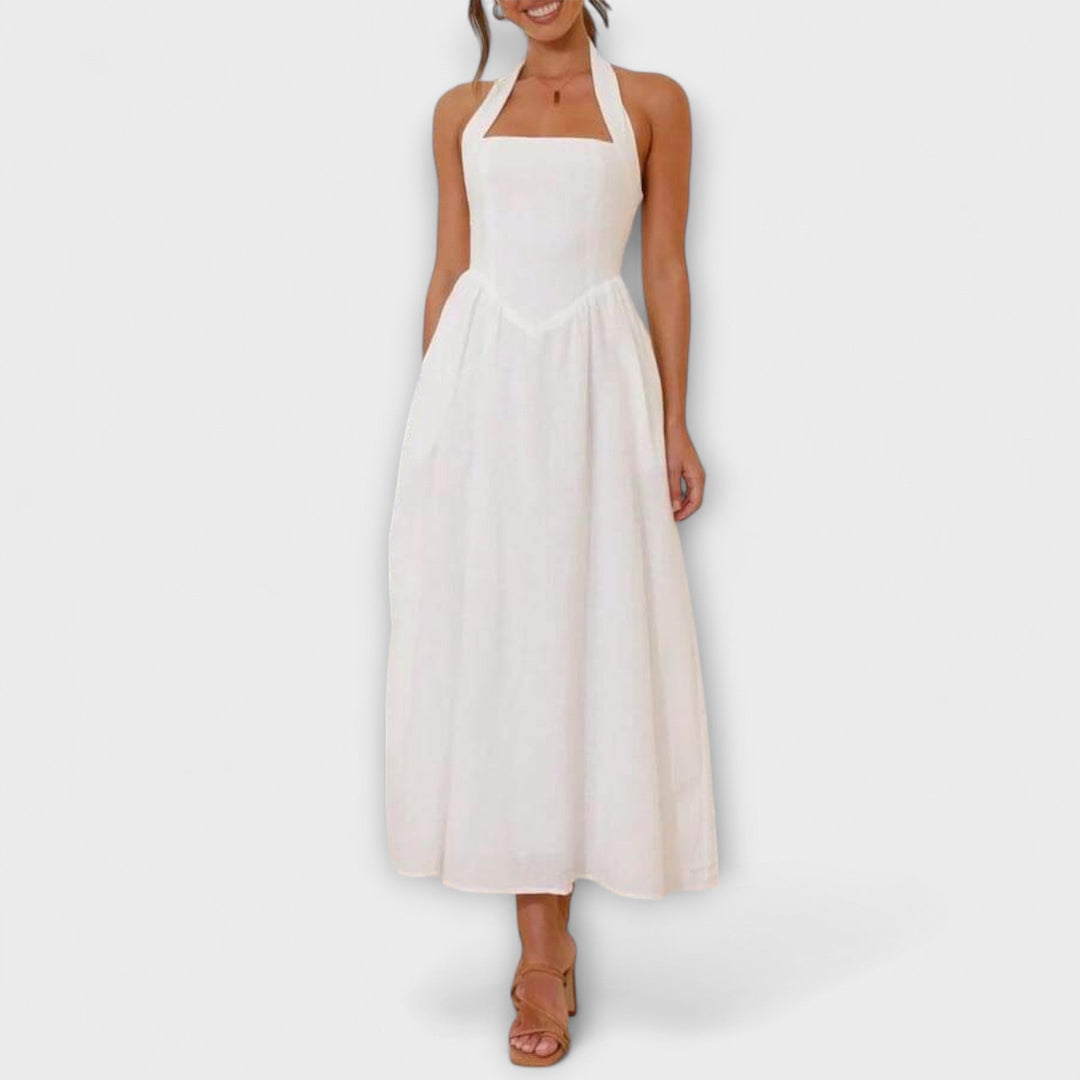 Lydia - Vestido Halter Preto Comprimento Midi com Detalhe na Cintura